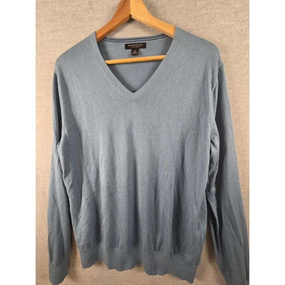 Banana Republic Sweater Mens L Luxury Blend Silk Cashmere V-Neck Knit Blue